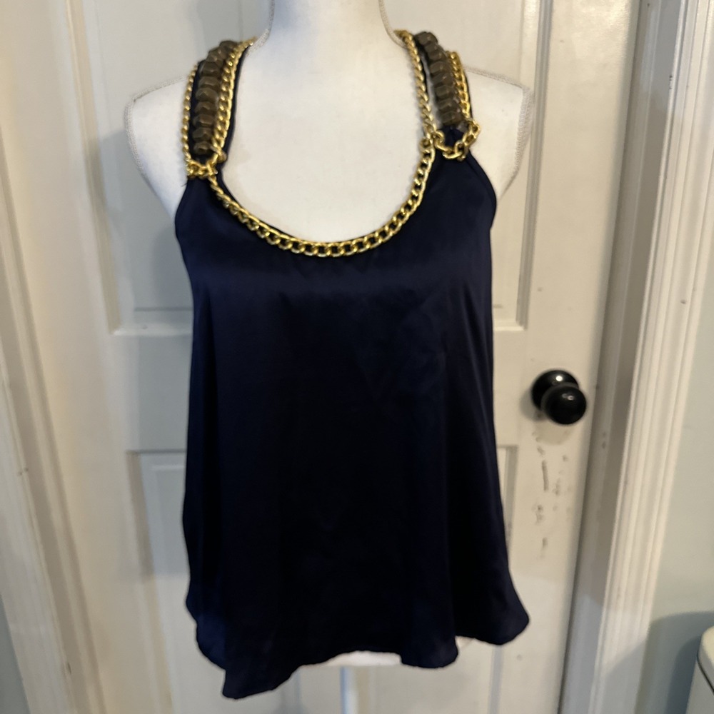 Ella Luna Navy Silk Chunky "jewelry" Gold Accents Designer Top Womens Size S /M?